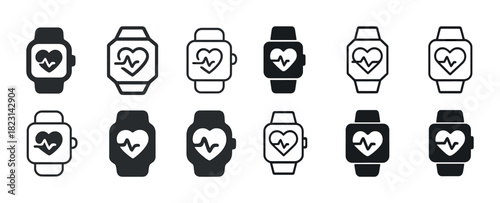 Heart rate monitor icons: smartwatch designs with heartbeat symbols