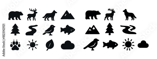 Silhouette wildlife icons: bears, deer, mountains, and more