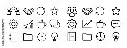 Simple icon set with people, gears, charts, coffee, and lightbulbs