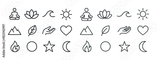 Minimalist nature and wellness symbols: yoga, mountains, and elements
