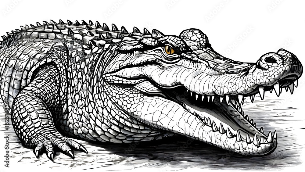 Fototapeta premium Black and white Drawing of a crocodile with its mouth open and teeth wide in a detailed realistic style emphasizing texture, anatomy, and the natural outdoor environment