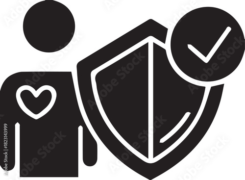 Illustration of human figure with heart, shield, and checkmark symbolizing health protection