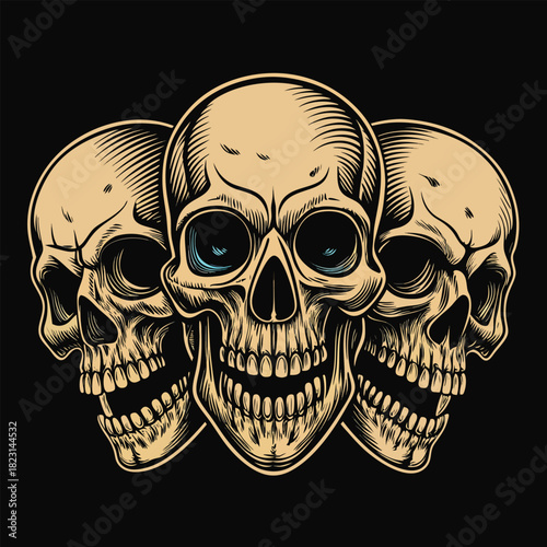 Three Vintage Style Skulls With Blue Eyes On Black Background human head