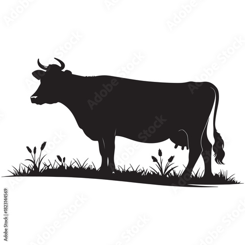 Cow silhouette standing in grass, farm animal vector illustration for agriculture Vector