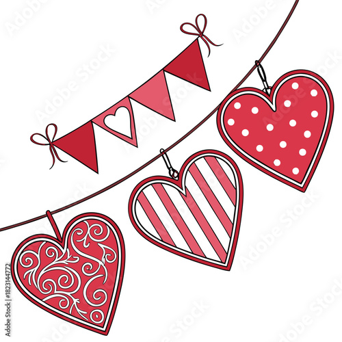 Valentine's Day heart garland with pennants and decorative hearts on white background Keywords: valentine, heart, love, romance, decoration