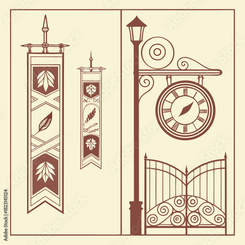 Vintage Banners Street Lamp With Clock And Ornate Gate On Beige Background flag lamp post