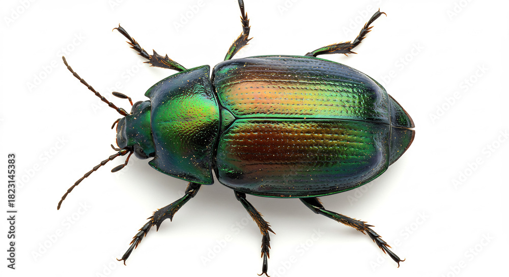 Naklejka premium Vivid iridescent green beetle glistens brilliantly under bright studio light isolated on a pure white background. AI Generated