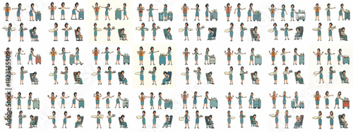 Vintage Pop Art Style Flight Attendant Character Set: Service, Safety Demonstration, and Resting Poses for Aviation and Travel Themes.