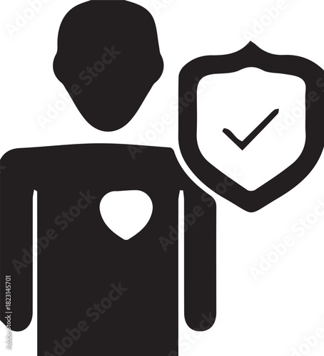 Illustration of person with heart and shield icon symbolizing health, security, and protection