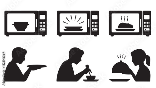 Microwave cooking instruction icons vector illustration of food preparation and serving isolated on white background