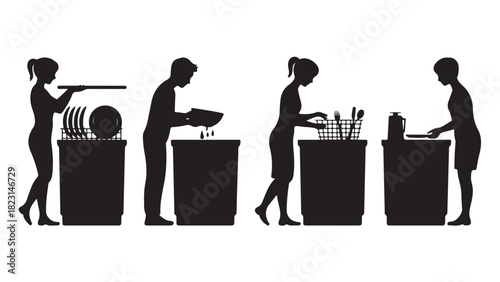 Silhouettes of people washing dishes a vector illustration of household chores isolated on a white background