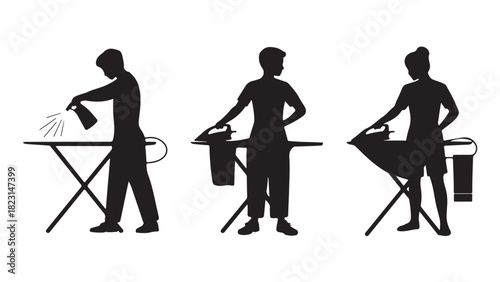 Silhouettes of people ironing clothes vector illustration of household chores isolated on white background