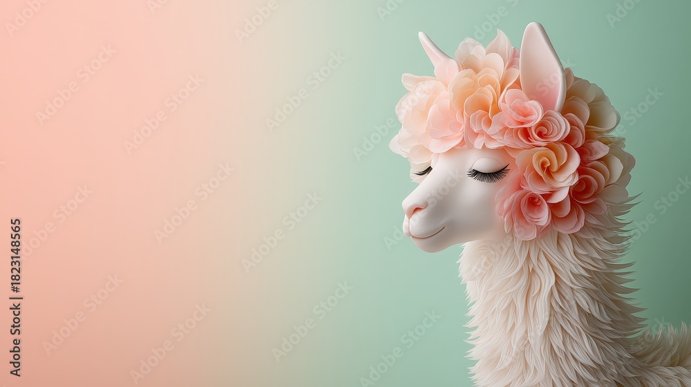 Obraz premium Whimsical Alpaca with Floral Crown on Pastel Background