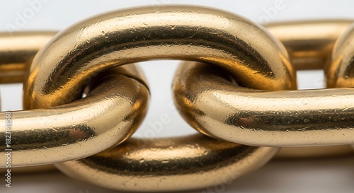 Close up macro shot of a shiny golden metal chain links interlocking with a bright white background
