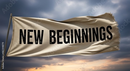 A tattered flag bearing the bold message new beginnings waves against a dramatic cloudy sky