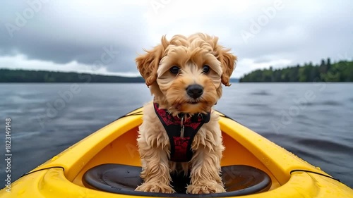 Adorable dog enjoys a scenic kayak ride on a tranquil lake surrounded by a serene environment