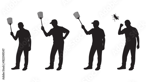 Silhouette of a man swatting a fly with a fly swatter vector illustration of pest control in action isolated on white background