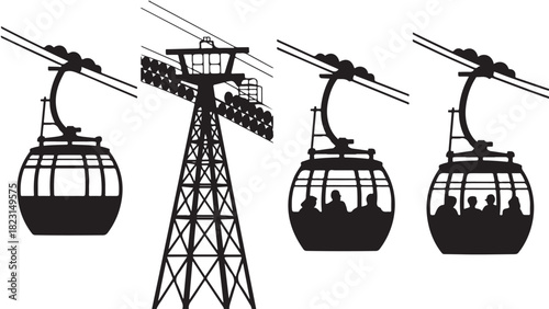 Set of gondola and cable car illustrations vector silhouette design isolated on white background
