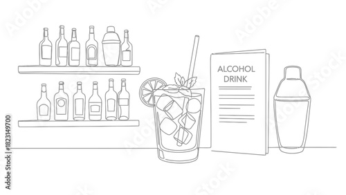 Line art illustration of a bar scene with drinks and bottles.