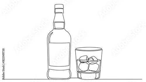 Line art illustration of a whiskey bottle and a glass of whiskey with ice cubes.