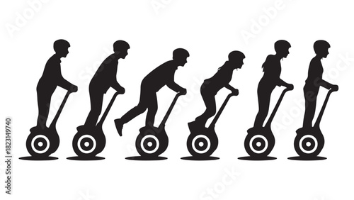 Silhouetted people riding personal transporters vector illustration of electric scooters isolated on white background