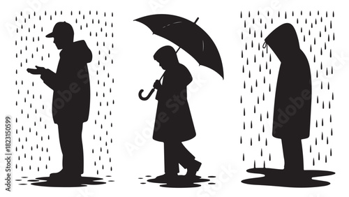 Silhouetted figures in the rain vector illustration of people standing in puddles isolated on white background