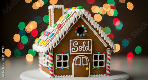 A festive gingerbread house with a sold sign. Holiday dessert decorated with candy and icing against a bokeh light background. Real estate and new home buying concept for Christmas