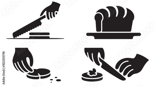 Set of bread preparation icons showing slicing and buttering simple flat vector glyphs for culinary instructions