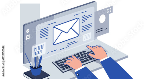 Computer Screen Displaying Email with Hands Typing.