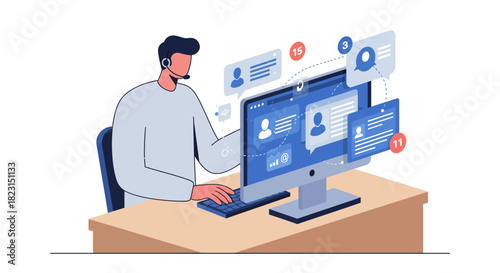 Customer Service Representative Working on Computer with Notifications.