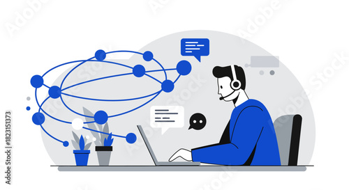 Customer Service Representative Working on Laptop with Headset.