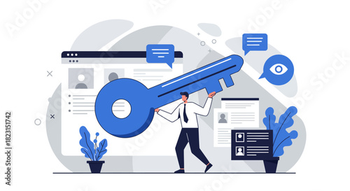 Businessman Holding Large Blue Key Illustration Concept.