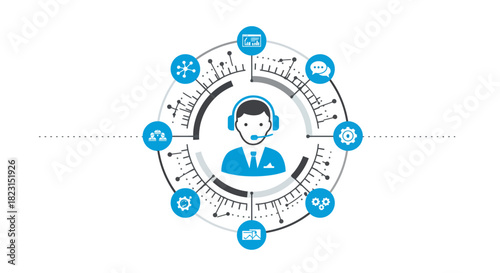 Customer Service Representative with Headset and Support Icons.