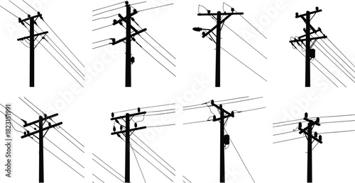 Collection of utility pole silhouettes, electrical distribution infrastructure vector illustration, crossarms