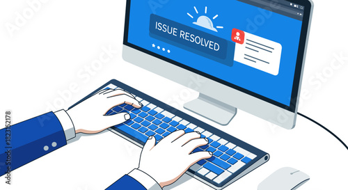 Person Typing on Keyboard with Issue Resolved Message.