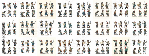 Massive spritesheet of vintage cartoon pirates performing various actions like sailing, searching for treasure, digging, and fighting, isolated on white.