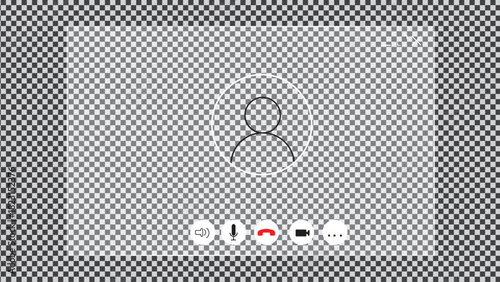 Video call screen with liquid glass frame. White light board with call interface for web and tablet or pad. Sound, mic, video and avatar. Messenger app mockup, vector illustration