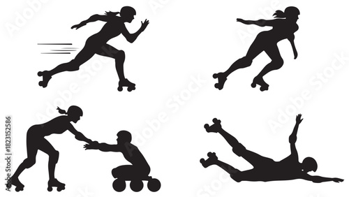 Silhouette of roller skaters in various poses vector illustration of people skating isolated on white background