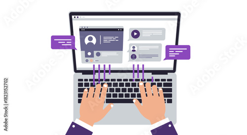Person Typing on Laptop with Chat Bubbles and Interface.