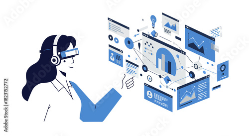 Woman Using VR Headset Interacting with Data Visualization.