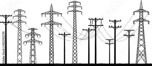 Electrical transmission towers and utility poles vector illustration, diverse energy infrastructure design, electricity distribution and high voltage grid system, industrial network concept art