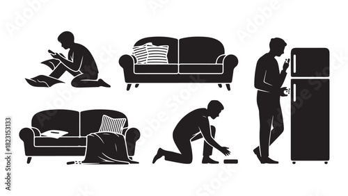 Set of silhouette vector illustrations depicting men in various poses at home including using a phone relaxing and getting food from the refrigerator