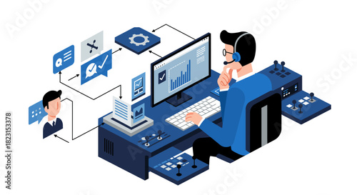 Operator Working at Computer with Headset and Controls.