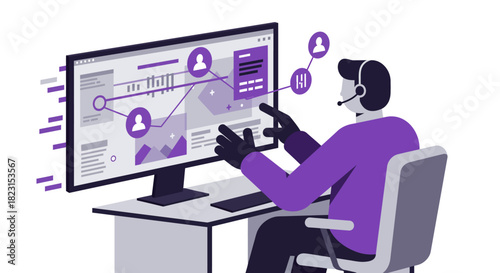 Customer Service Representative Working on Computer Vector Illustration.