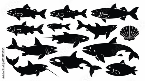Variety of sea creatures silhouette icons