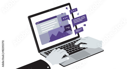 Person Typing on Laptop with Chat Bubbles.