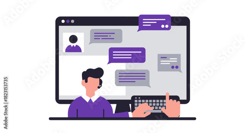 Customer Service Representative Using Computer for Chat Support.