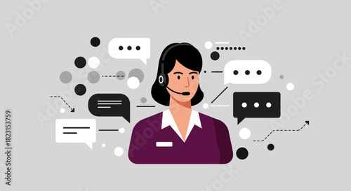 Female Customer Service Representative with Headset and Speech Bubbles.