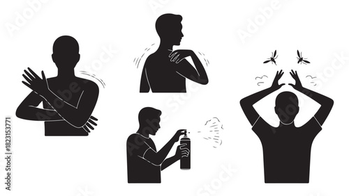 Silhouette vector illustrations showing methods to prevent mosquito bites including repellent spray and covering skin isolated on white background