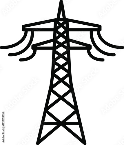 High voltage transmission tower icon silhouette vector, electricity pylon lattice structure illustration, electrical energy infrastructure design, power distribution system art, utility network